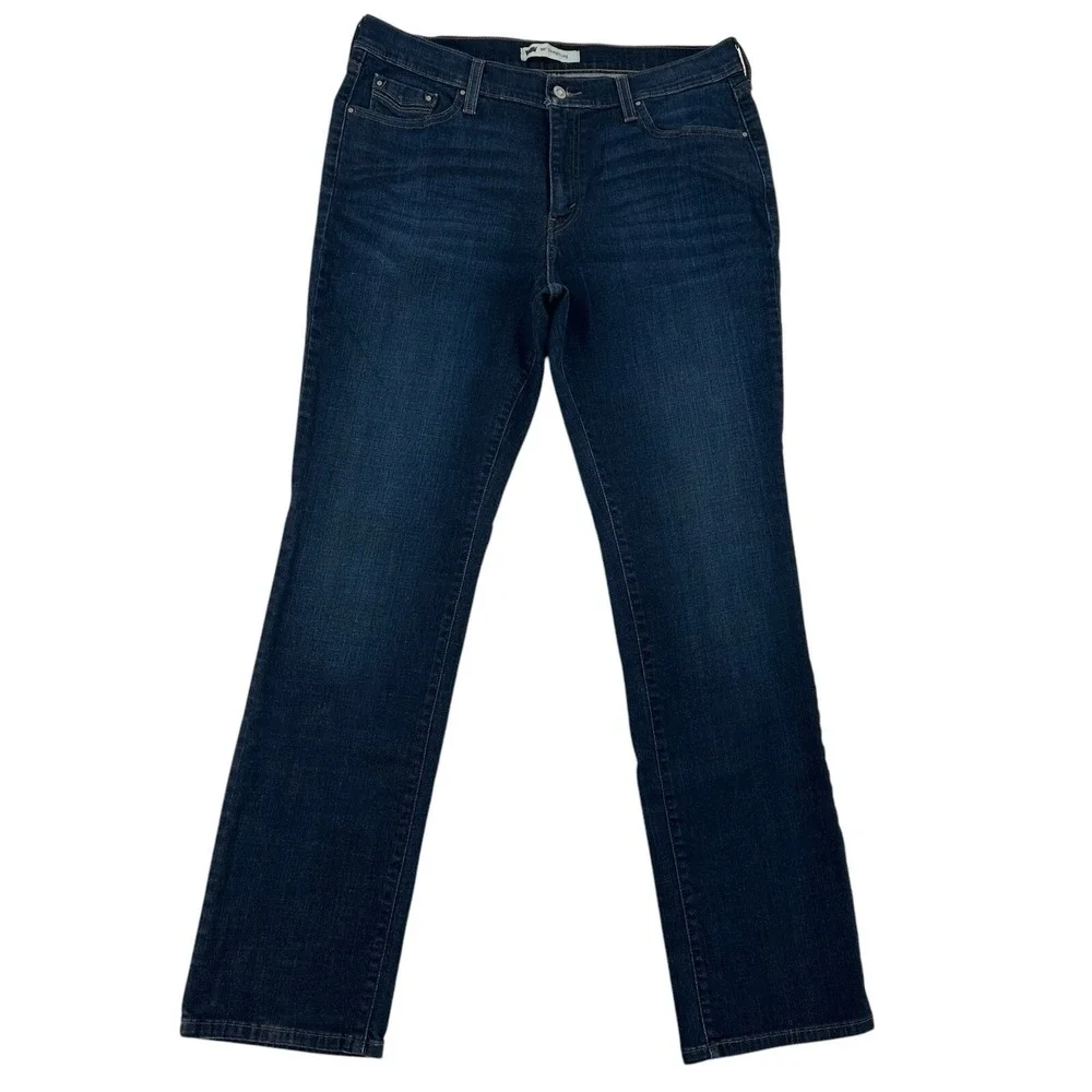 Levis 505 Straight Leg Jeans Dark Wash Blue Button Flap Pocket Denim Women 32x34